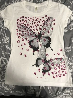 Woman's Hybrid Butterfly W/Bling Pink Black N Grey On White Graphic T-shirt Sz M - Image 1 of 4