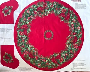 Cotton Fabric Christmas Cardinals and Holly Tree Skirt, Stocking 35"x44" - Picture 1 of 3