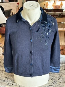 Vintage 1990s Alfred Dunner Petite M Blue Sweater Beaded Cardigan Velvet Collar - Picture 1 of 22