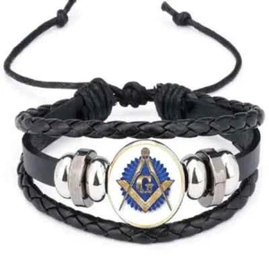 Masonic Blue Glass Concealed Clasp PU Leather Bracelet With Golf Marker SEE PIC - Picture 1 of 3
