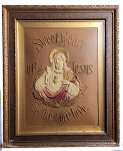 Victorian Sacred Heart of Jesus Plaque Sweet Heart Be Thou My Love Gesso Frame - Picture 1 of 8