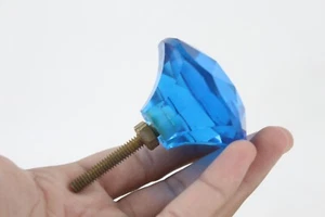Vintage Old Blue Glass Door Knob Diamond Hand Cut Shape Drawer Cabinet Pull - Picture 1 of 8