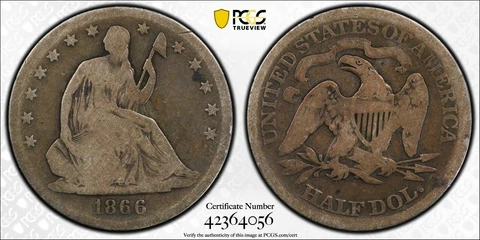 1866-S 50C SEATED HALF DOLLAR WB-4 MOTTO DDR & MPD PCGS G04 #42364056 RARE POP 1 Cover