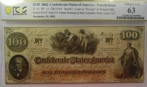 T-41 1862 $100 CONFEDERATE CURRENCY PCGS 63 CIVIL WAR NOTE - Picture 1 of 2