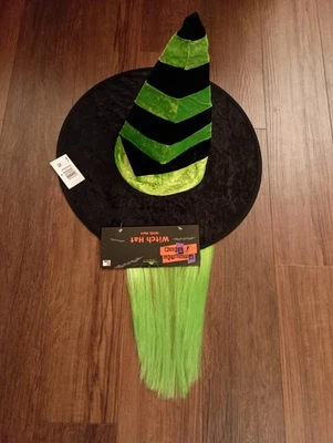 Wicked Witch Hat w/ Green Hair Soft Velour Green and Black Striped 18” Halloween - Image 1 of 4