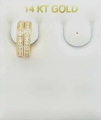 LAB CREATED WHITE SAPPHIRES HOOP Single HUGGIE EARRING 14K YELLOW GOLD - NWT - Image 1 of 4