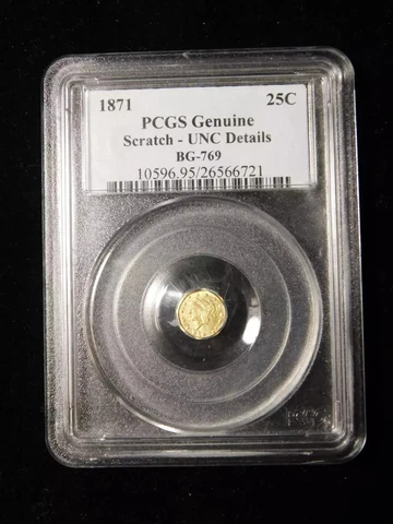 1871 P Liberty Head Octagonal California Fractional Gold 1/4 Dollar PCGS Genuine Cover