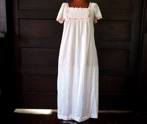 VTG 70s Unbranded Pink Ivory Puff Sleeve Floral Lace Satin Chemise Nightie Sz L - Picture 1 of 10