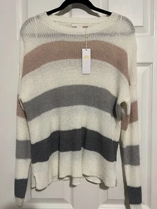 C & C California Grey, White, Pink Stripe Sweater L Long Sleeve NWT - Picture 1 of 3