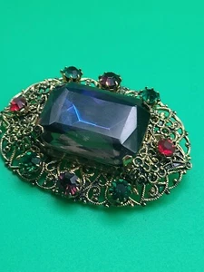 Vtg Czech Filigree Multi Color Stones Brooch Gold Tone Main Stone Emerald Cut - Picture 1 of 15