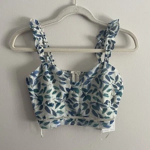Kendall + Kylie Women M Indigo Tropical Leaf Print Ruffle Cropped Tank Top NWT - Picture 1 of 8