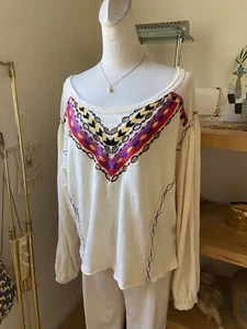 FREE PEOPLE Large Womens Top Hand Me Down Embroidered Long Balloon Boho Sleeve - Picture 1 of 9