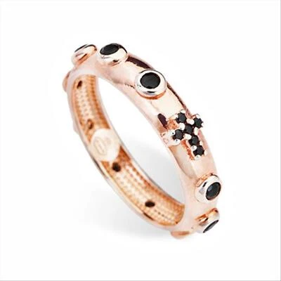 ANELLO AMEN I ROSARI ARORN IN ARGENTO 925 COLORE ROSATO CON CRISTALLI NERI MISUR - Immagine 1 di 3