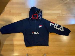 FILA 90's Vintage Mens 1/4 Zip Pullover Puffer Jacket Size L Spell Out Logo Blue - Picture 1 of 12