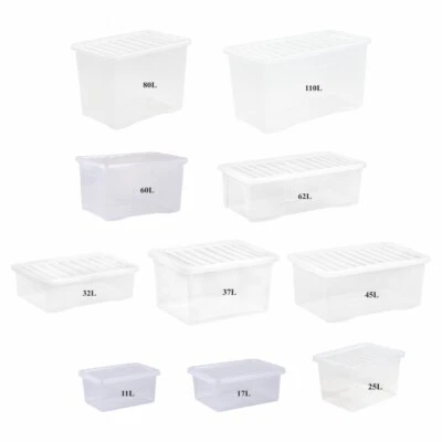 4L to 110L Clear Plastic Storage Box Lid Stackable Container Home Office - UK - Image 1 of 4