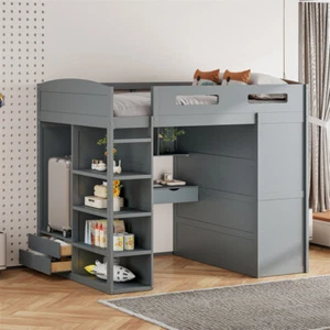 Full Size Solid Wood Loft Bed w/Desk,Wardrobes,4 Drawers & Storage Shelves-Gray - Picture 1 of 23