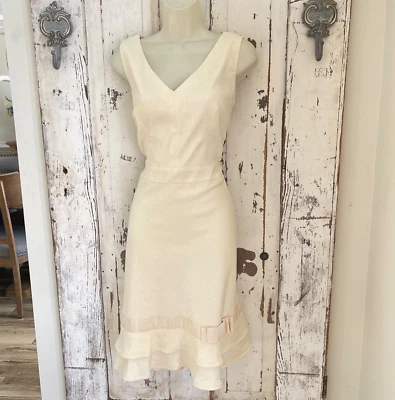 Kay Unger 尺寸 6 件女式亚麻象牙色荷叶边蝴蝶结职业鸡尾酒会礼服 — 第 1/4 张图片