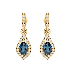 14k Yellow Gold London Blue Topaz 6x4MM Pear Shape Chandelier Teardrop Earrings - Picture 1 of 6