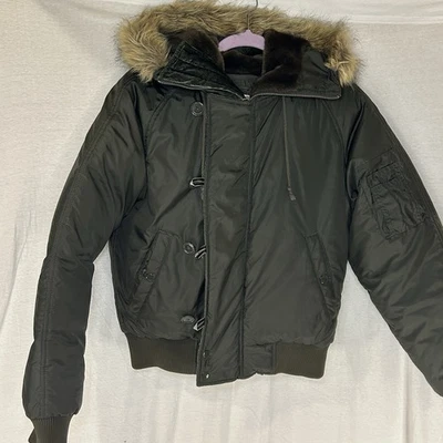 Ralph Lauren Polo Jeans Green Down Bomber Jacket Med Faux Fur Hood Y2K - Image 1 of 4
