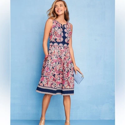 VESTIDO Talbots PAISLEY FIT & FLARE Tamanho 6P Azul Pequeno Rosa Clássico Retrô Plissado - Imagem 1 de 4