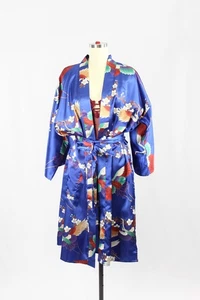 Bata Kimono Satén Estampado Grúa Floral Oriental Azul De Colección ICHIBAN, Talla Única - Imagen 1 de 12