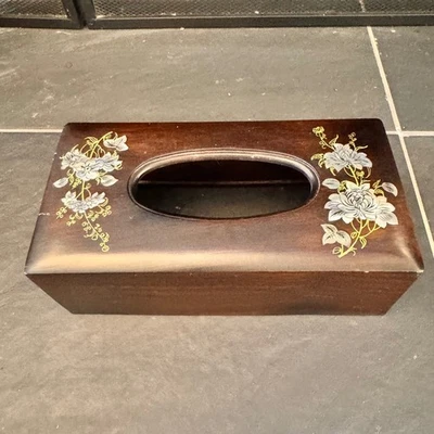 Vintage Floral Wood Tissue Box Cover Pearl Inlay Decorative Home Decor Accent - Image 1 of 4