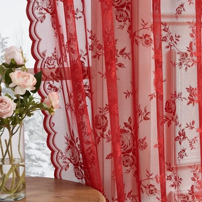 Cortinas de encaje rojo 84 pulgadas de largo 2 paneles para dormitorio sala de estar - Navidad Foto 1 de 4
