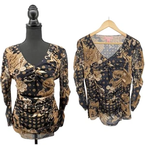 Vintage Bandolino Y2K Barock Paisley Mesh Top Gr. L Rüschen V-Ausschnitt Langarm transparent - Bild 1 von 16