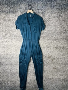 YFB Young Fabulous & Broke Jumpsuit Womens XS Teal Utility Cargo Elastic Waist - Picture 1 of 10