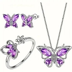 Conjunto de joyas de mariposa con piedra de nacimiento de amatista de 3 piezas collar colgante pendientes anillo - Imagen 1 de 7