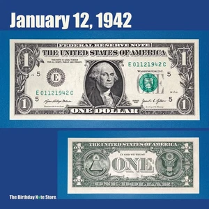January 12, 1942 Birthday Anniversary $1 One Dollar Bill Serial Number 01121942 - Picture 1 of 2