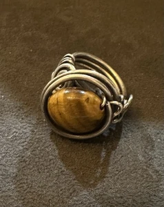 Natürlicher Tigerauge Edelstein Handarbeit Sterlingsilber Draht Wickelring Größe 9 - Bild 1 von 5