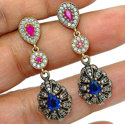 Ottoman Empire Style 6CT Treated Sapphire 925 Sterling Silver Earrings S3-2 - Image 1 of 2