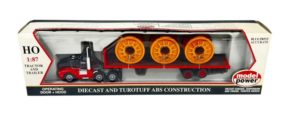 #19002 Model Power HO 1/87  Semi Truck Tractor w/Flat Trailer Cable Reels Load - Image 1 of 3
