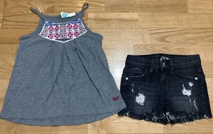 Girl's Roxy & Art Class Outfit size 6 - Gray Tank w/Black Jean Shorts EUC - Picture 1 of 7