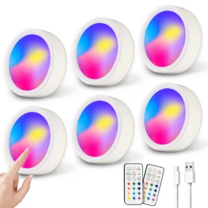 RGB LED Cabinet Lights Rechargeable Puck Lights Battery Operated with Remote - Picture 1 of 11