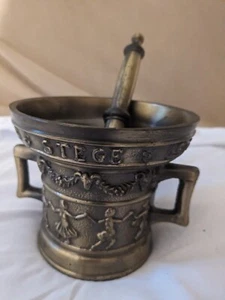 Vintage Brass Mortar Pestle 3.3 LBs 1576 ian ariaens ter stege pharmacy herbs - Picture 1 of 10