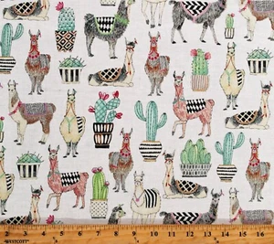 Cotton Lovely Llamas Cactus Desert Animals Fabric Print by the Yard D387.30 - Picture 1 of 1