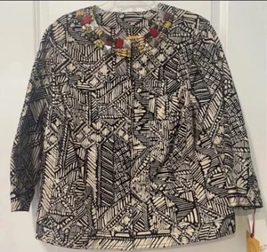 Ruby Rd Women’s Jacket Size 16W Black Beige Cotton 3/4 Sleeve Geometric Beaded - Picture 1 of 14