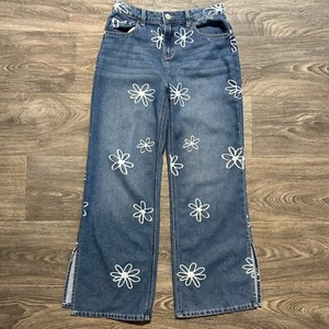 Justice Girls SZ 16 Wide Leg Flower Jeans Side Slit Y2K Floral Denim Daisy 70's - Picture 1 of 15