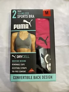 NWT PUMA 2 PK PINK/BLACK MEDIUM IMPACT MOISTURE WICKING SPORTS BRA SZ M #115C - Picture 1 of 2
