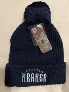 Fanatics Navy Seattle Kraken Wordmark Logo Cuffed Knit Hat with Pom - New - Picture 1 of 4