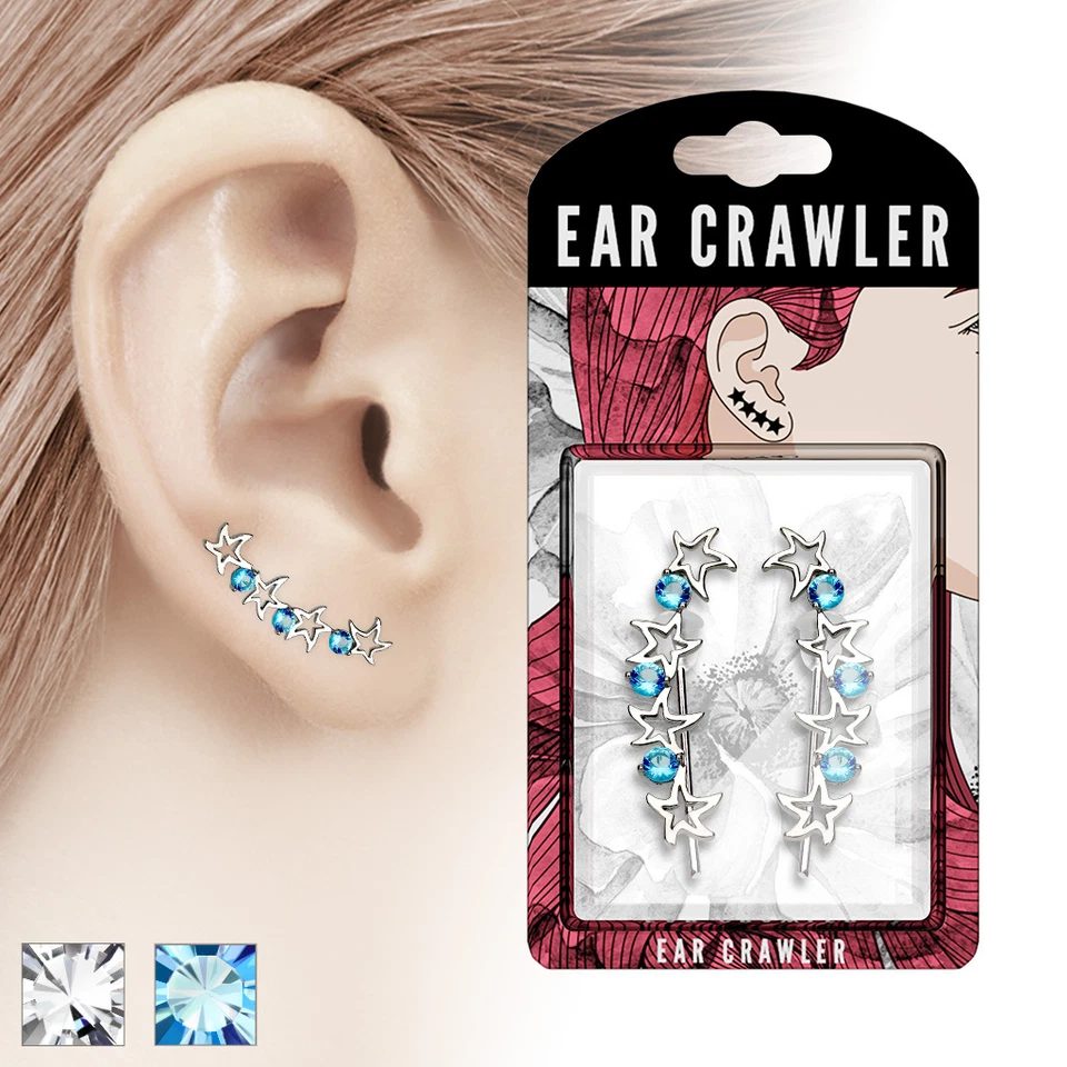 Pair of Round CZ and Hollow Stars Ear Crawler Climber Earrings - Image 1 of 1