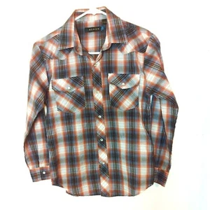 Roper Boys Large Western Plaid Snap Button Long Sleeve Shirt Brown Orange - Picture 1 of 6