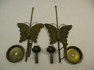 Pair Antique Vintage Korean Brass Etched Butterfly Candle Holder Reflectors - Picture 1 of 9