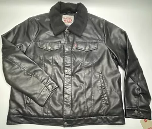 Levi's Men's Faux Leather Classic Trucker Jacket Black W/Sherpa Collar Size XXL - Picture 1 of 8