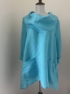 Ali Miles Oversized S Turquoise 100% Linen Tunic Blouse Top 3/4 Sleeve Pockets - Picture 1 of 8