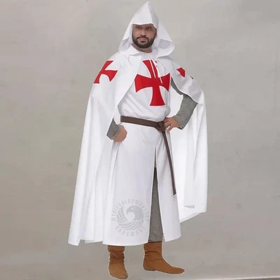 Knight Templar White Tunic with Hooded Cap Cloak - Image 1 of 4