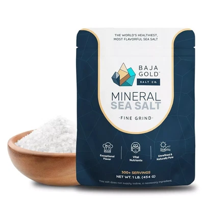 BRANDED Baja Gold Mineral Sea Salt, Fine Grind, 1 Lb. Bag