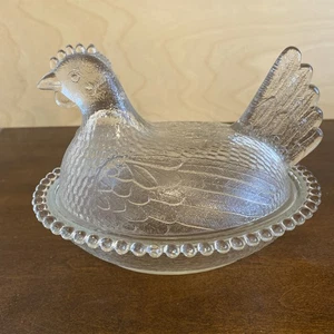 Vintage Indiana klar strukturiertes Glas Huhn/Henne sitzend auf Perlen Glasnest - Bild 1 von 13